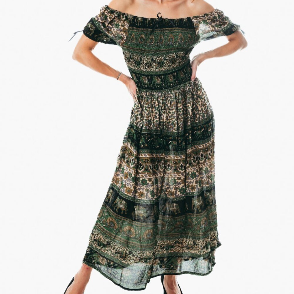 Green peasant maxi dress short sleeve off shoulder boho summer floral tie dye